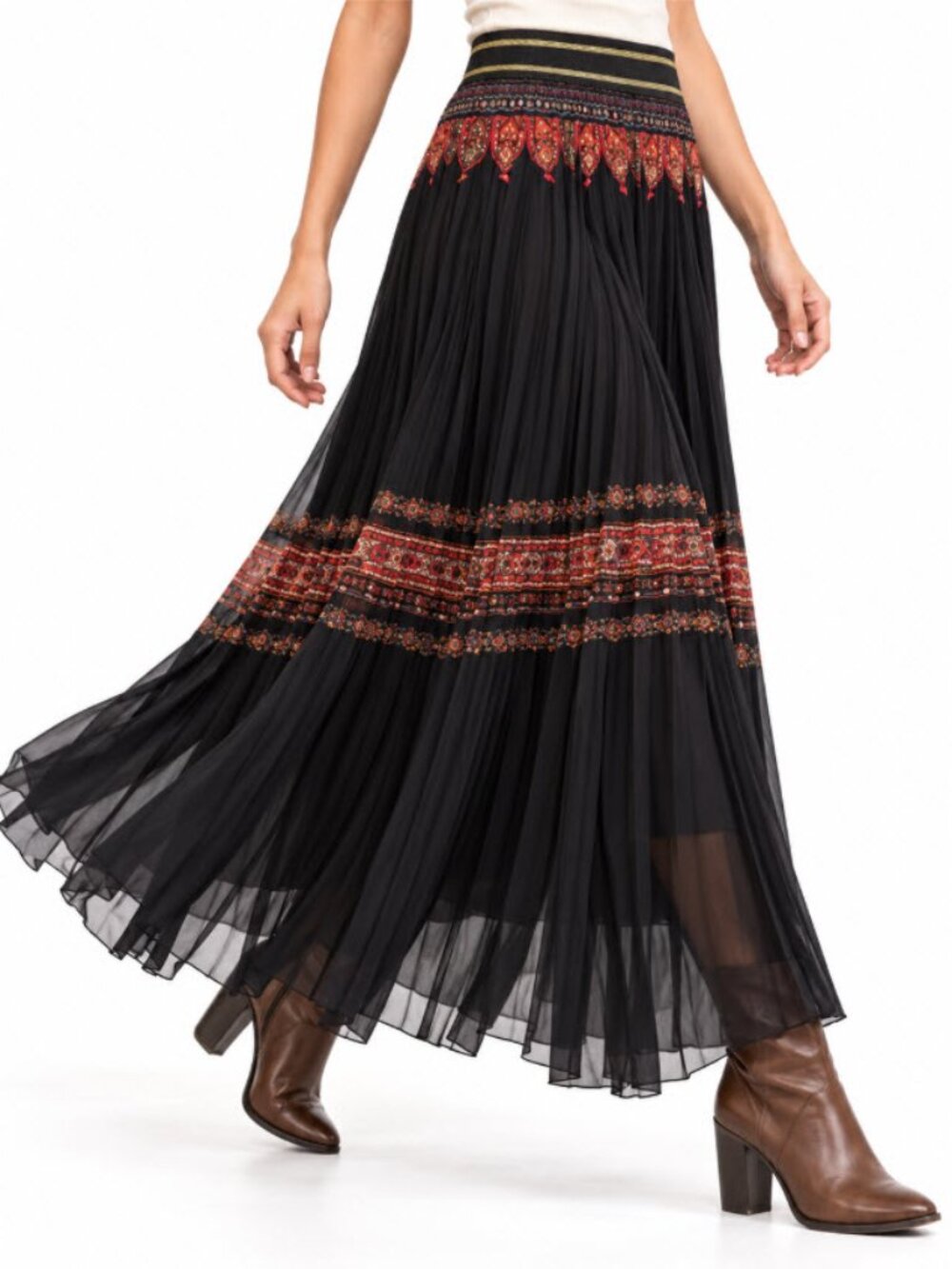 Desigual Black Boho Pleated Maxi Skirt Gold Paisley Sheer Lined Size 40